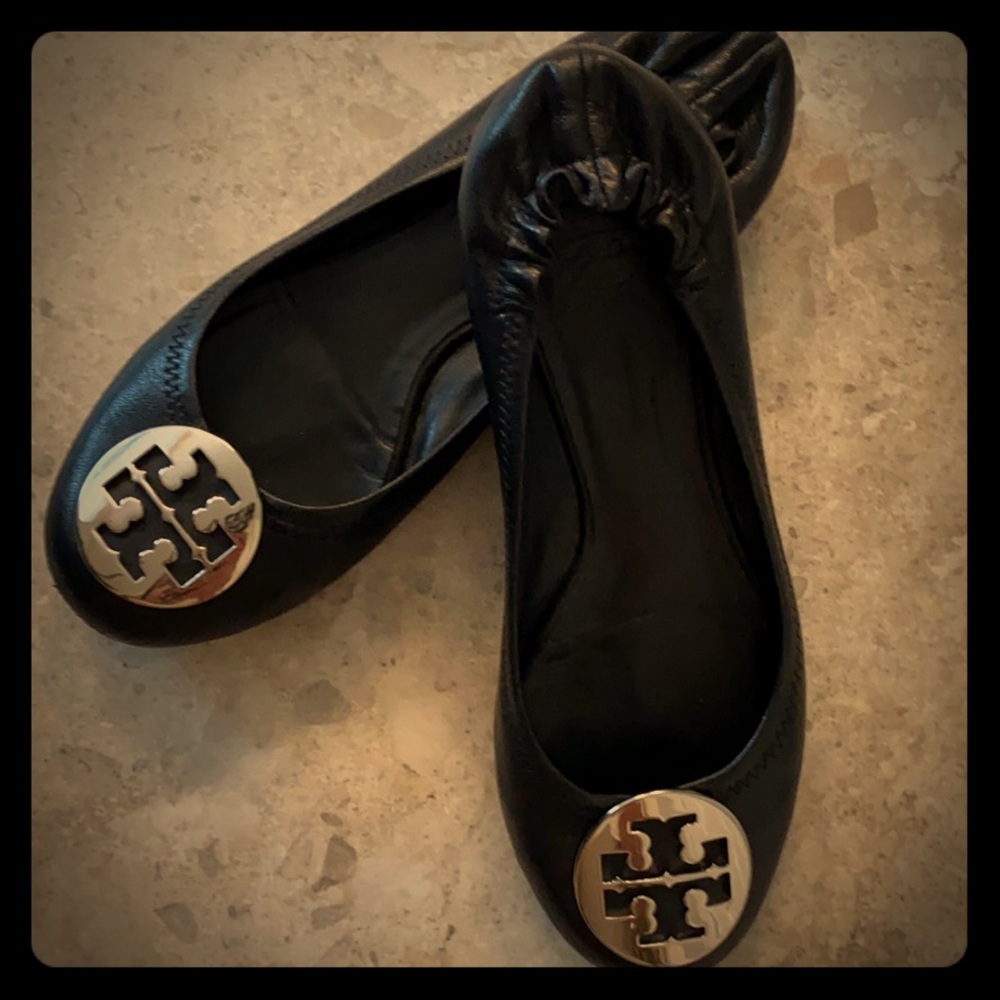Tory Burch Ballet Leather Flats - Black w/ Silver